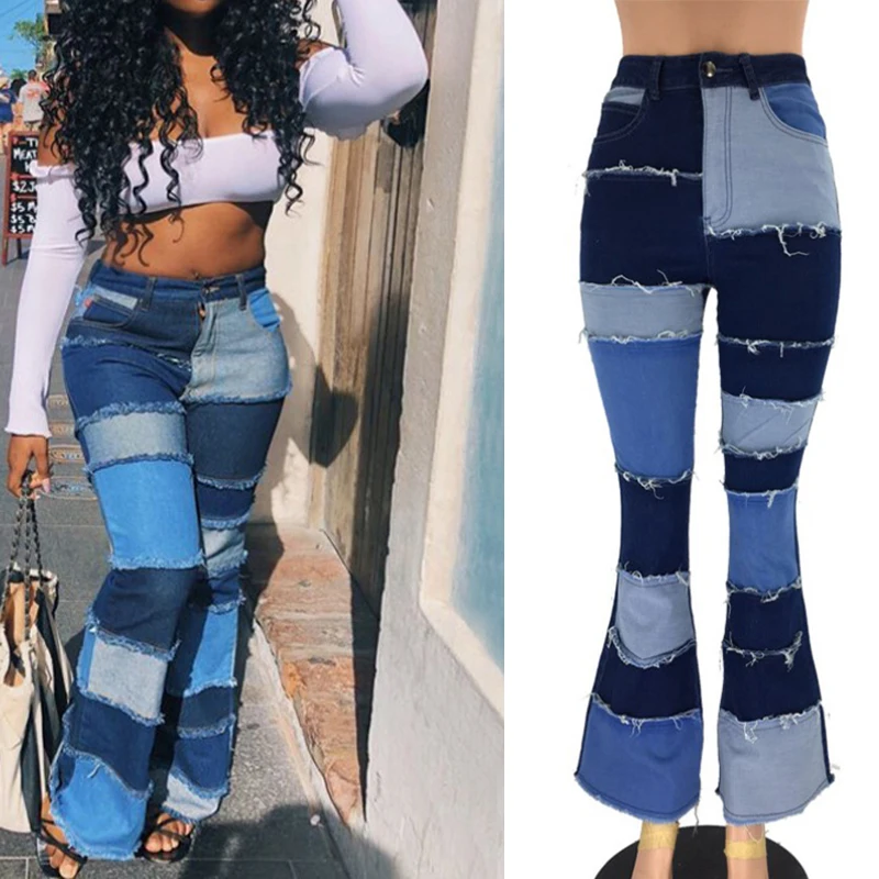 

Patchwork Fashion Cargo Jeans Women High Waist Buttons Fly Streetwear Straight Pants Retro Punk Straight Denim Pants