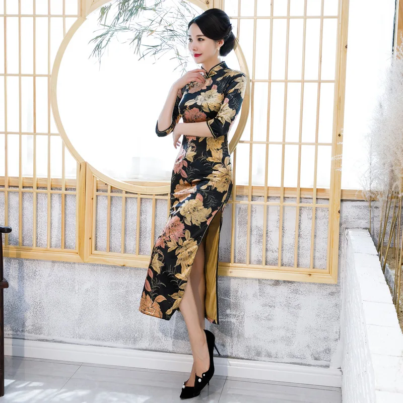 Осень-зима Cheongsam золото бархат Мода Бронзовый принт рукав три четверти платье для