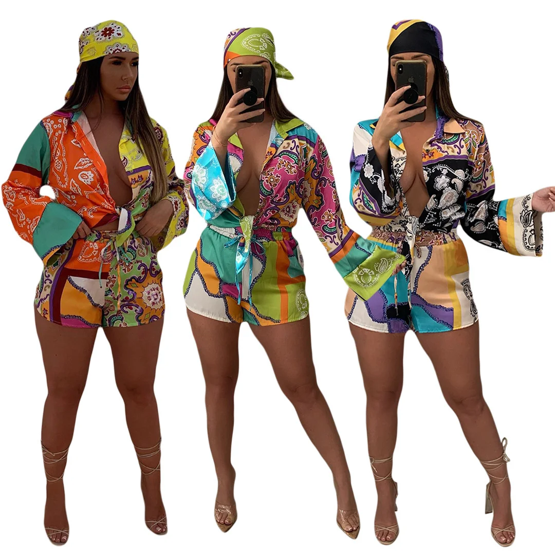 

Cutubly Printing Women's Set Sexy Loose Long Sleeve Shorts Sets Women 2 Piece Outfits T Shirt Tops And Short Pants Suit Fashion