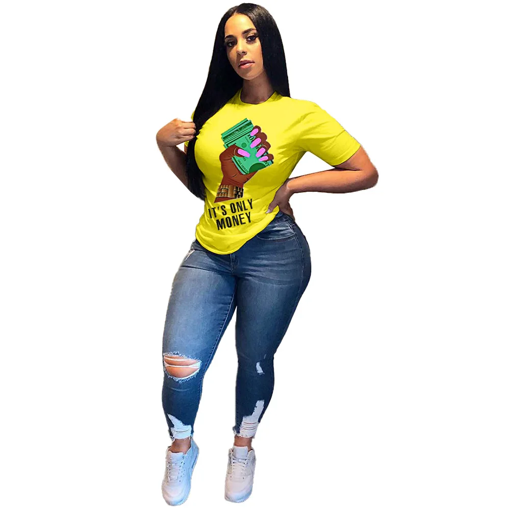 Футболка женская с коротким рукавом неоново-зеленая принтом It's Only Money размера