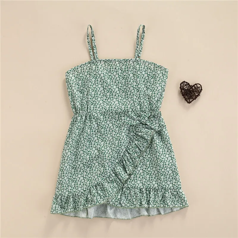 

Children Floral Print Sling Dress Girls Sleeveless Irregular Hem High Waist Dress Baby Girl Clothes