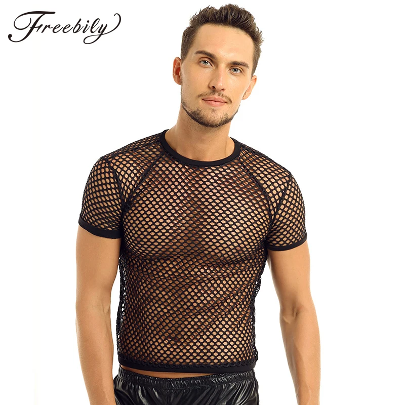 Мужская сексуальная сетчатая Прозрачная Футболка Модные ажурные футболки с