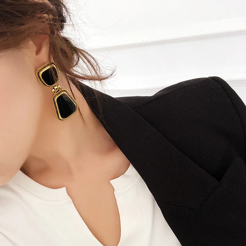 SRCOI эмалированные трапециевидные черные металлические длинные висячие серьги 2020