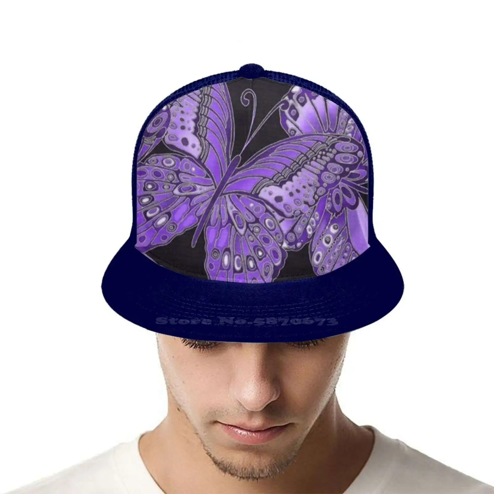 Модная шапка в стиле милитари с фиолетовыми и черными бабочками черная серая