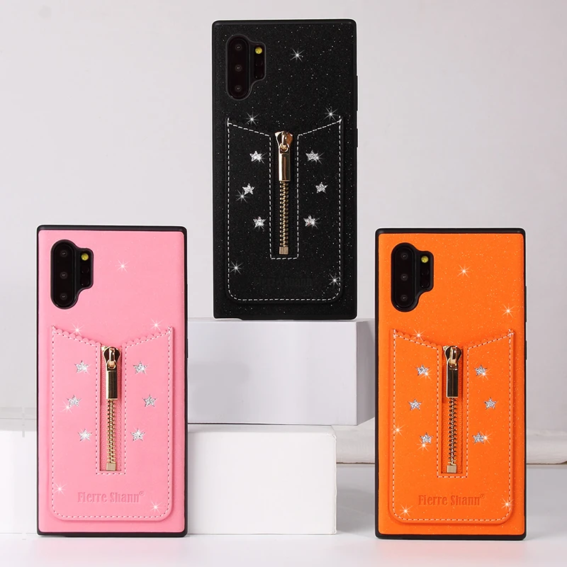 Блестящий кожаный чехол на молнии с карманом для карт Samsung Note 10 Plus + задняя крышка