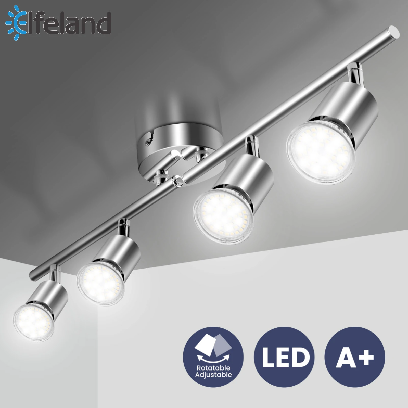 

Elfeland 3/4 Heads Ceiling Light Spotlight Holder Angle Adjustable GU10 Lamp 100-230V for Living Room Showroom Indoor Lighting