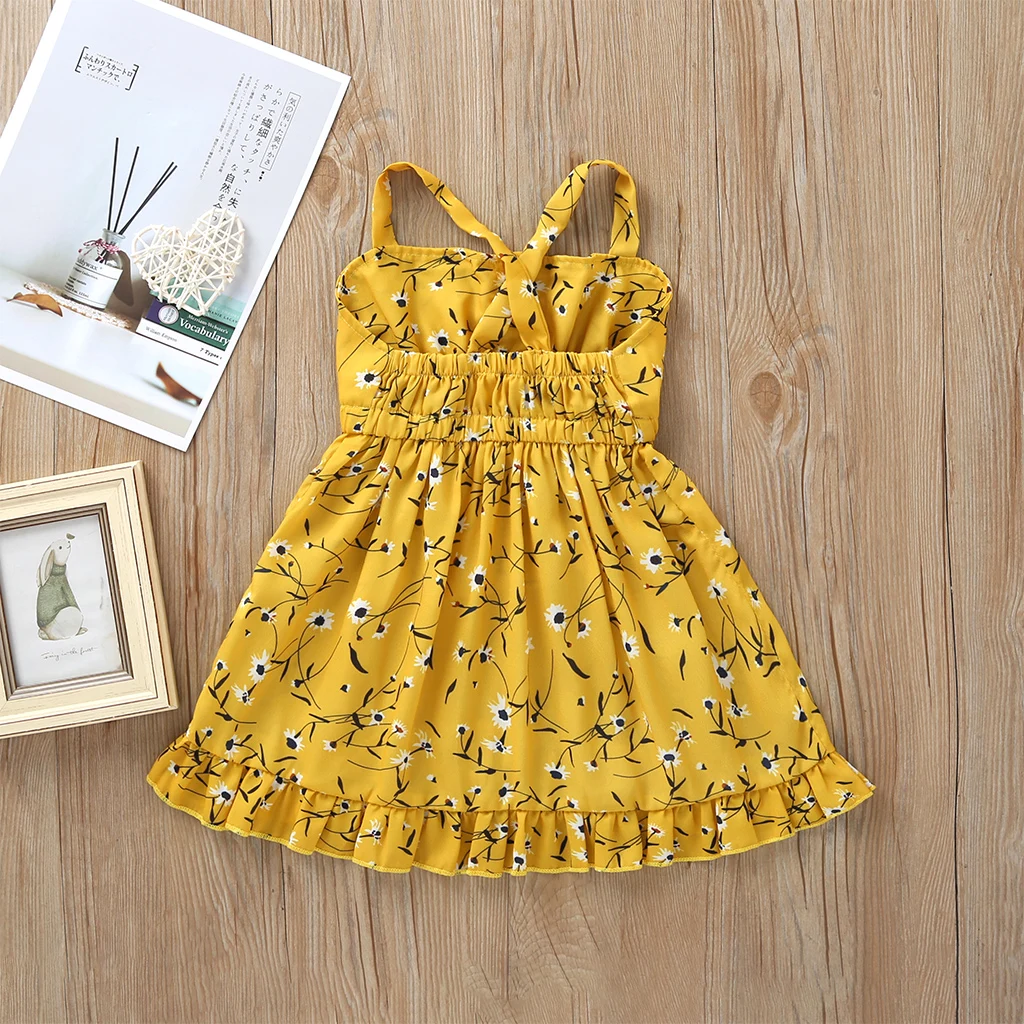 Желтое платье на подтяжках для девочек летняя детская одежда с оборками и