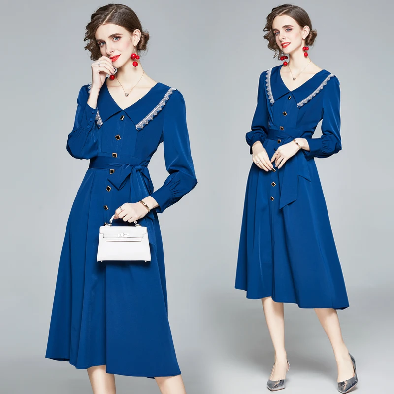 

Simgent Peter Pan Collar Dress Women French Lantern Sleeve Lace Up Midi Long Dress Woman Clothing Vestidos Robe Femme SG010304