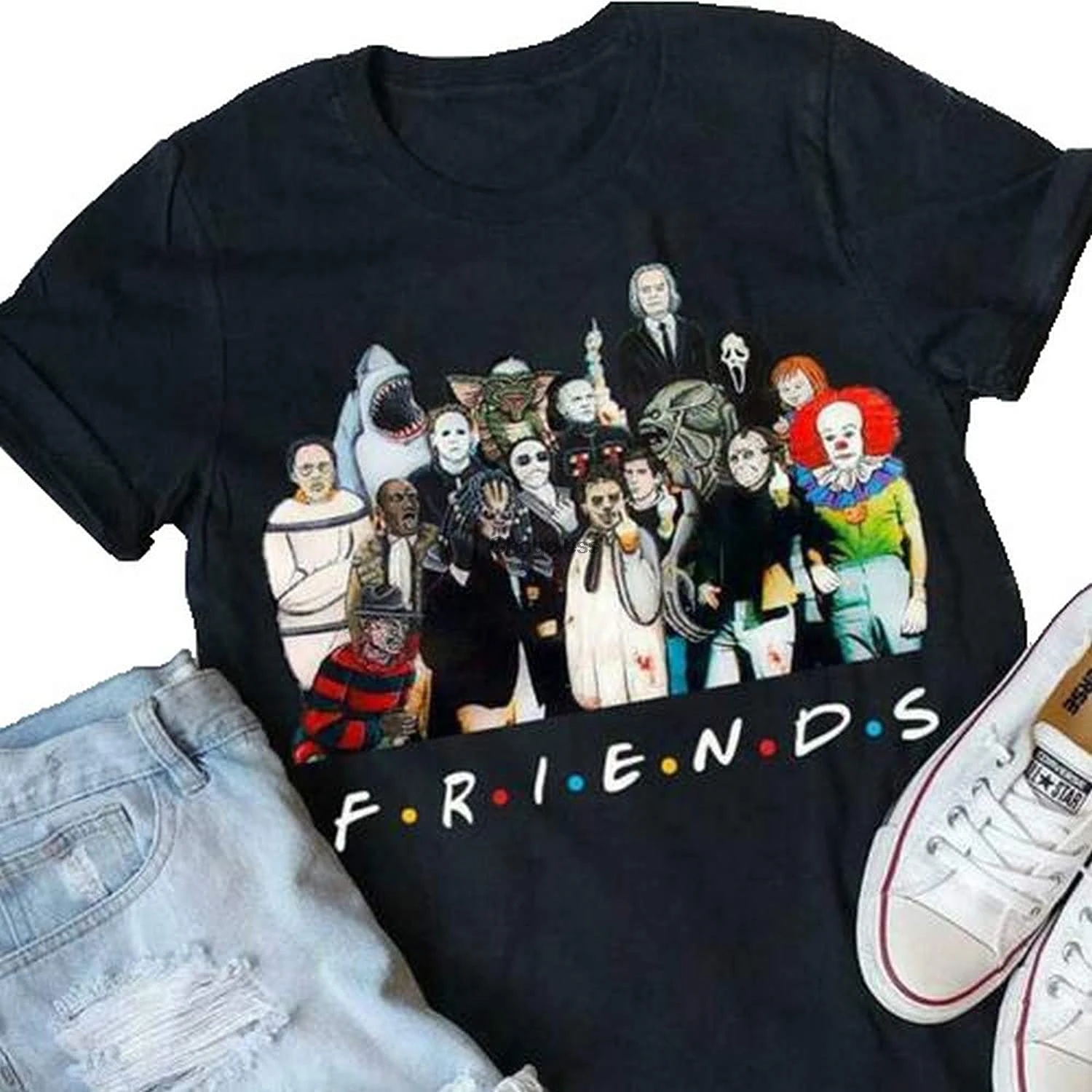 

DEANS Friends Horror Villains Together Halloween Black Cotton Classic TShirt