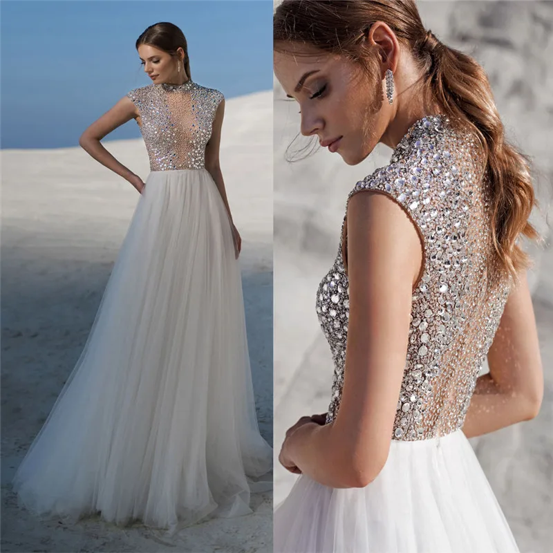 

Блестящие стразы с высокой горловиной, украшенные бисером, хрустальные пышные вечерние платья 2021, свадебные вечерние платья, фатиновые пла...