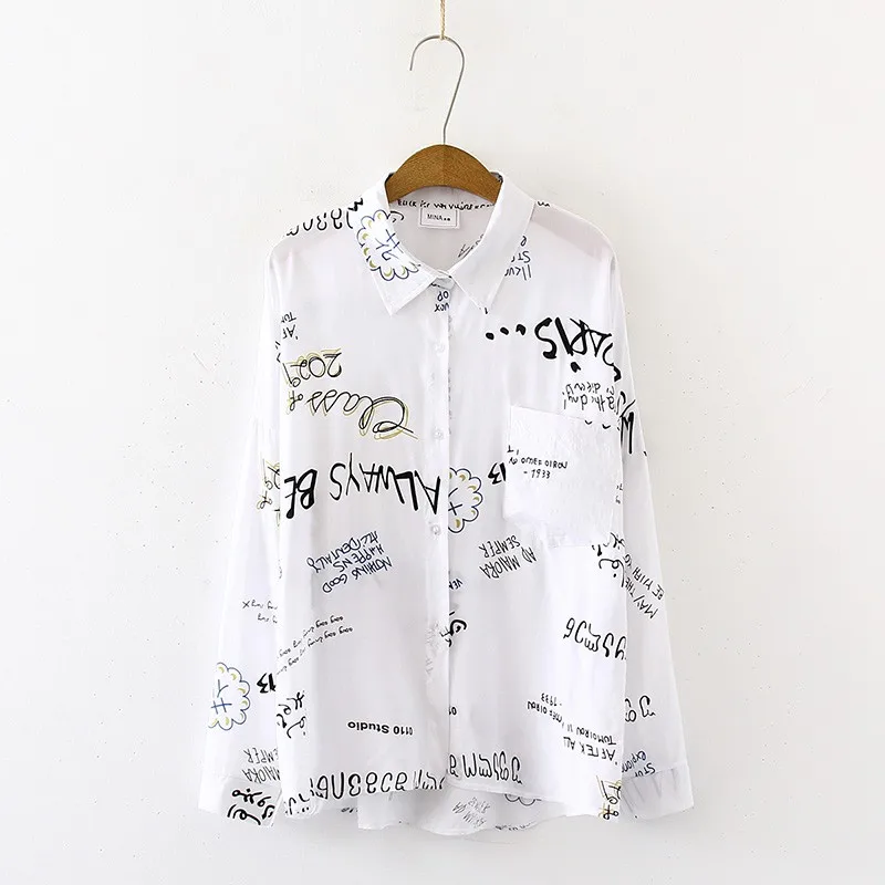 Модная женская блузка с рисунком граффити уличная свободная хлопковая рубашка