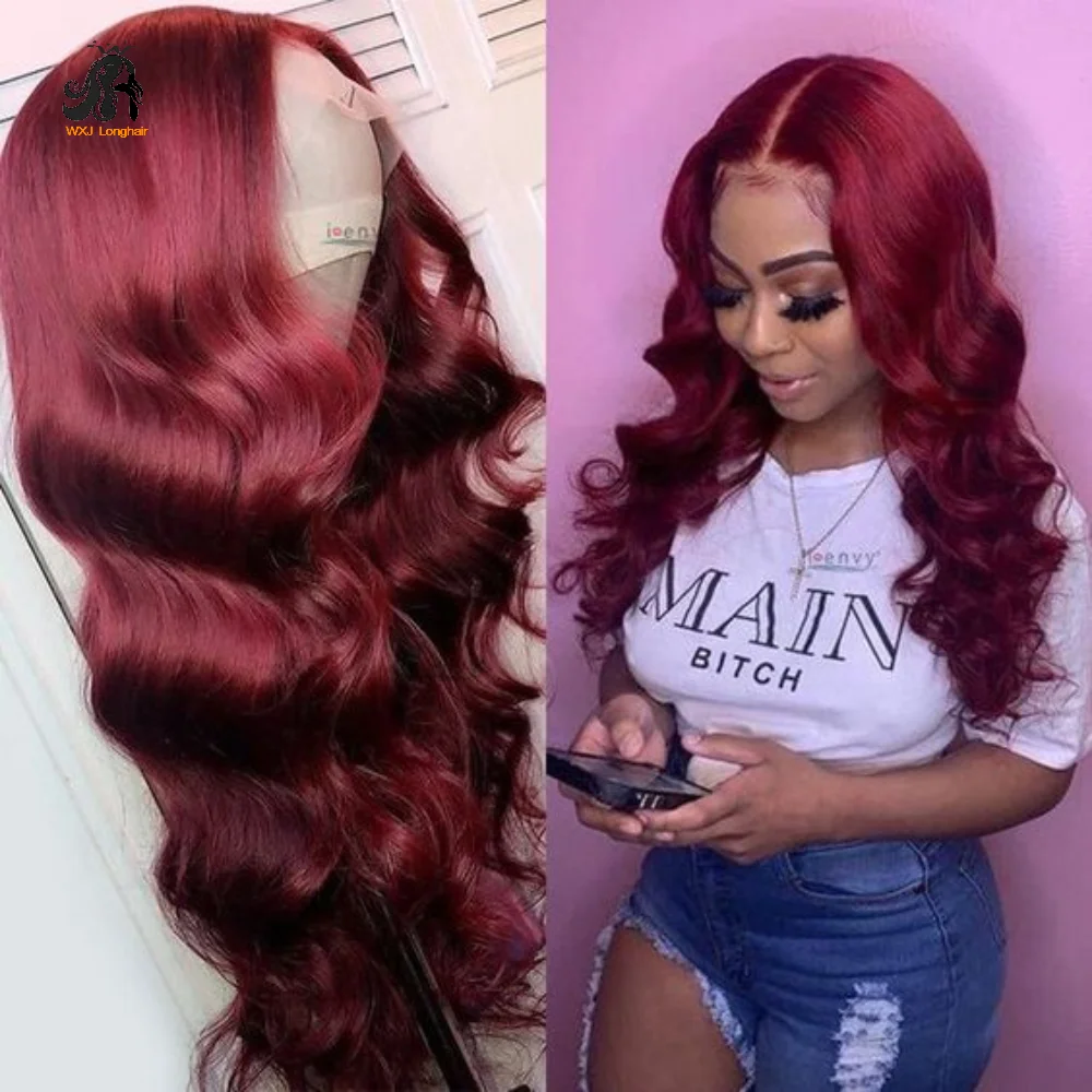 

WXJ Longhair 99j Colored Human Hair Wigs Body Wave Wigs 13×4 HD Transparent Lace Front Wig Pre Plucked with Basy Hair 30 Inch