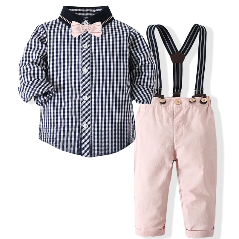 

Boys Outfit Kids Plaid Clothes Suit Cotton Full Sleeve Shirt with Pink Pants for 1 2 3 4 5 6 Years Children Kits