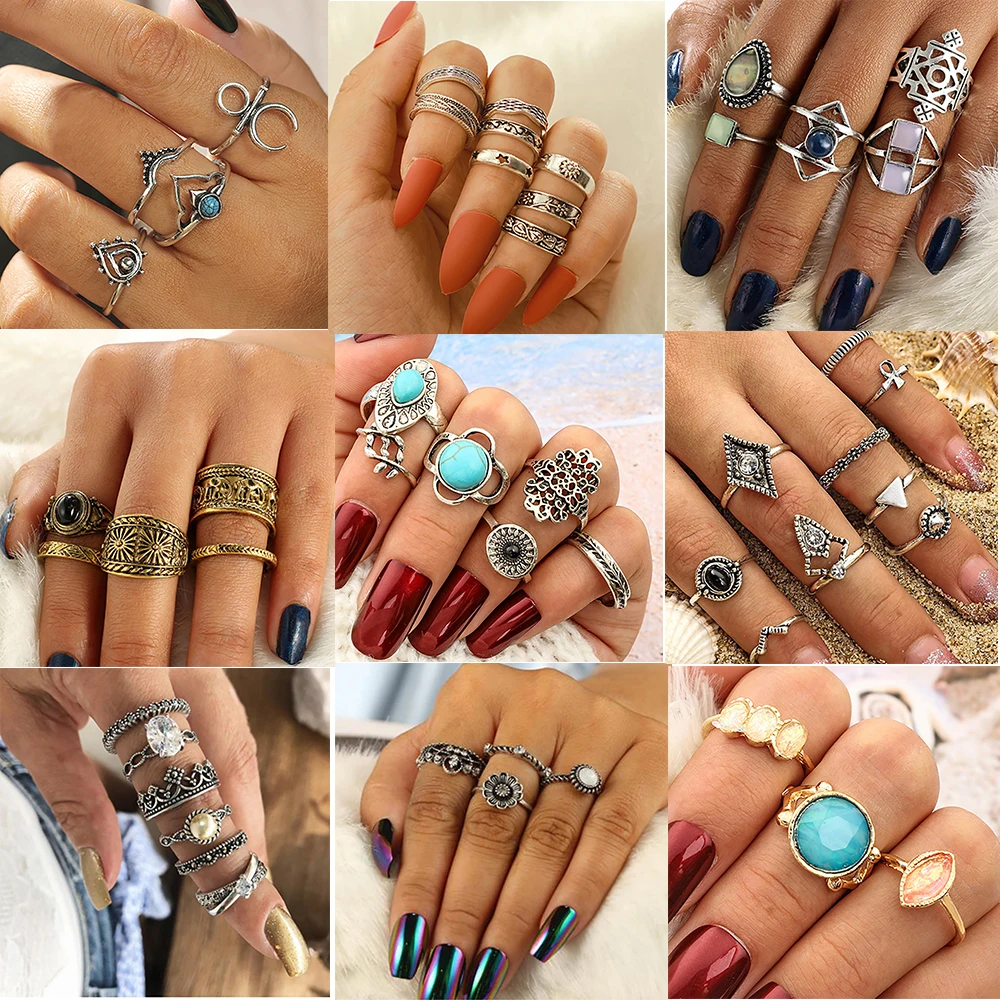 ZHINI старинные антикварные кольца комплект 10 видов стилей в богемном стиле панк