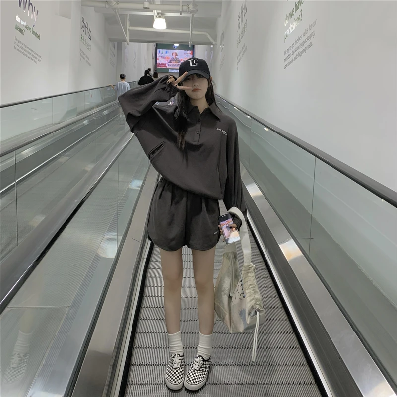 

Women'S Fashion Suit Two-Piece Long-Sleeved Spring Autumn Loose Jogging Sportswear + Casual Sports Shorts Ladies College Style