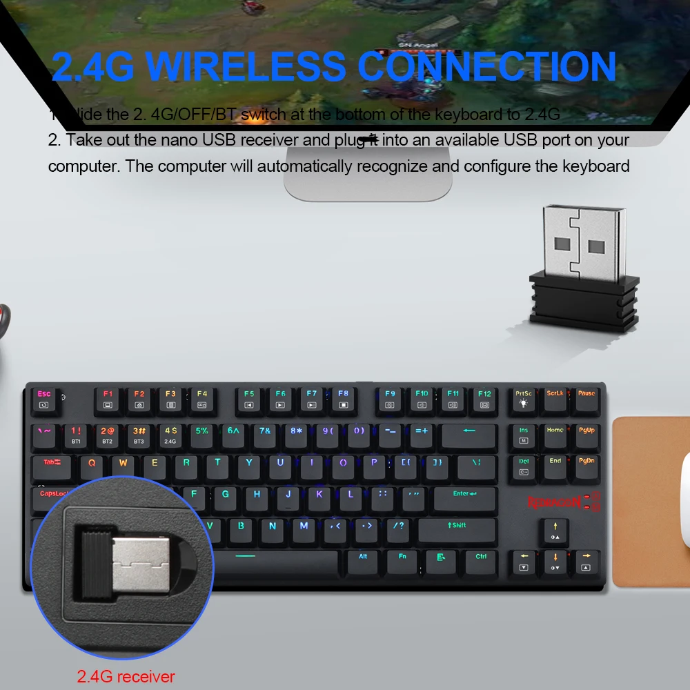 Redragon K607P KBS Aps por RGB поддержка Bluetooth 5 0 Беспроводная USB 2 4G двойной режим Механическая