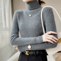 longming women turtleneck sweater 100 merino wool pullover autumn winter knitted sweaters slim jumpers woman knit top solid