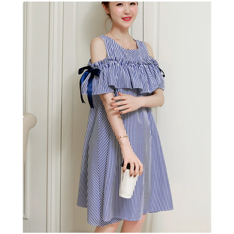 Maternity Dresses Summer Invisible Feeding Mouth Maternity Dress With Double Zipper Bow Sleeve Pregnancy Women Dresses  B0416