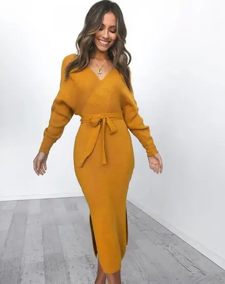 Длинное платье vestidos vestido Женское зимнее платье с длинным рукавом женское платье с v-образным вырезом трикотажные вечерние платья Длинные Сексуальные s m l xl - Цвет: 01