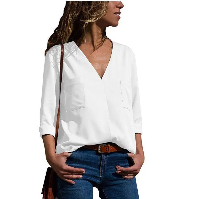 

Summer Fashion Elagant Women Shirt Casual Lantern Short Sleeve V-Neck Long-Sleeved Double-Pocket 2 Shirt Female Dresses Blouses