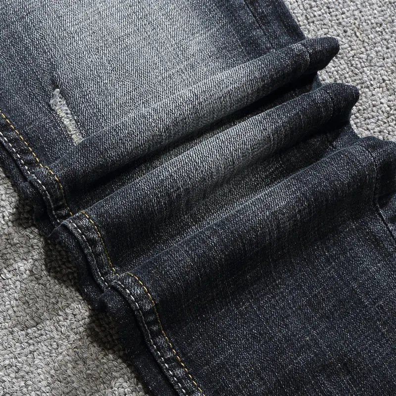 European Street Fashion Men Jeans Retro Black Gray Elastic Slim Fit Ripped Jeans Men Vintage Designer Scratch Casual Denim Pants