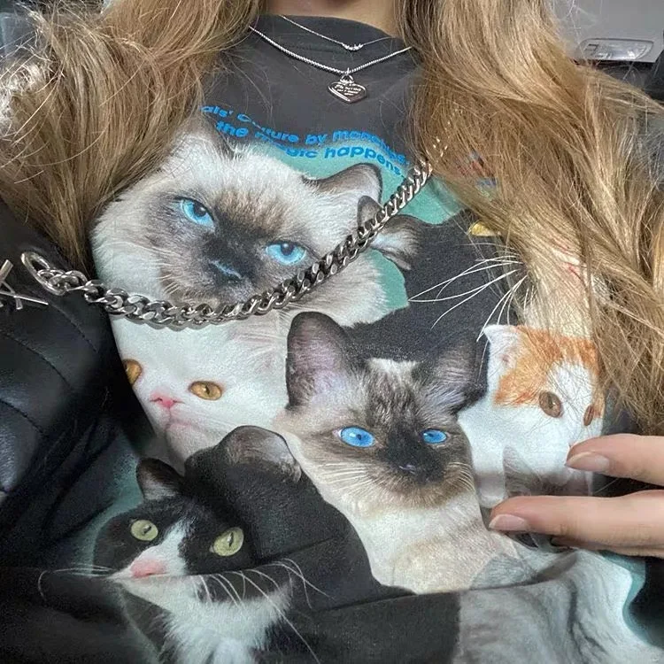 Футболка в стиле Харадзюку с принтом котят и круглым вырезом Y2K Повседневная
