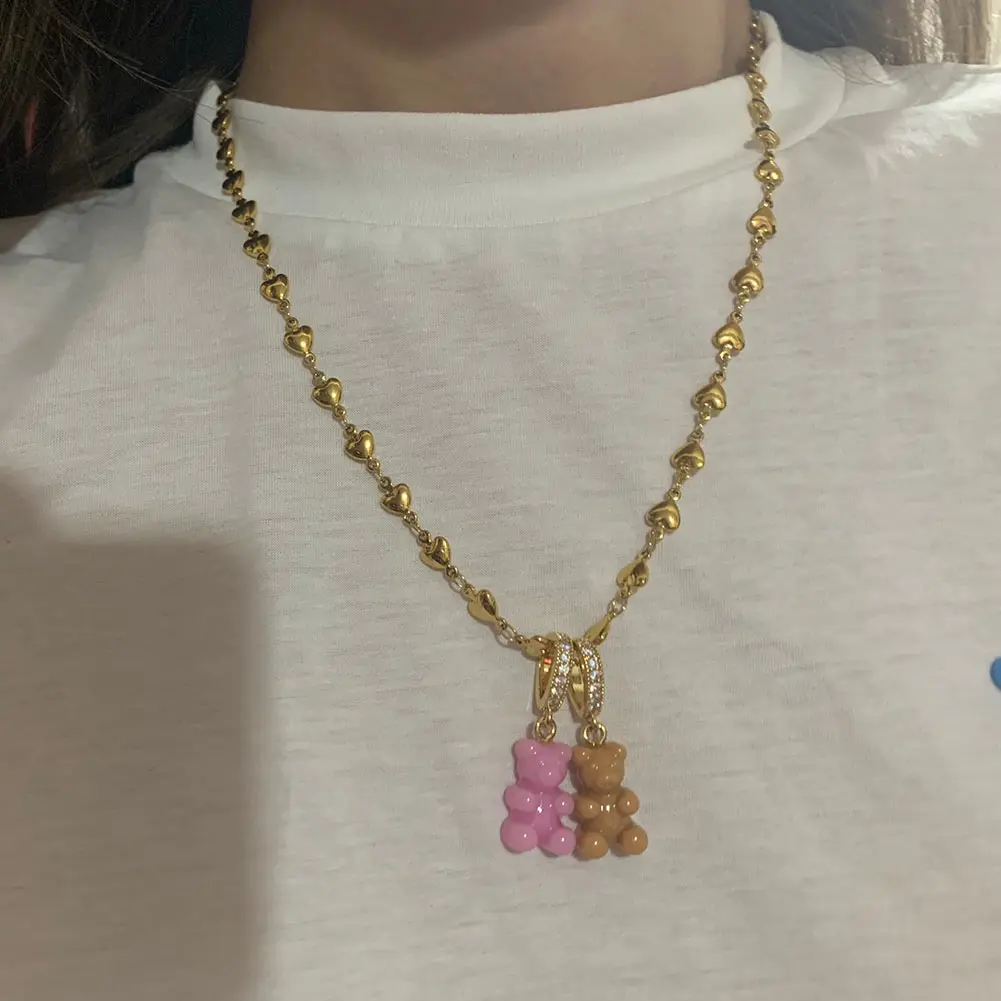 

Rainbow Resin Gummy Bear Zircon Charm Heart Link Chain Necklace for Women Girls DIY Handmade Beaded CZ Pearl Necklace Jewelry
