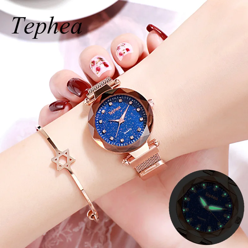 Роскошные женские наручные часы розового золота с магнитом звездного неба