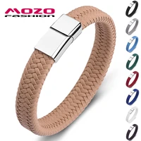 fashion new punk men jewelry apricot braided leather bracelet stainless steel magnetic clasp hot sale women bangles 161