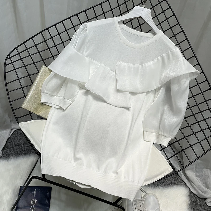 

Summer Women Short Sleeve Knitted T Shirts Korean Ruffles T Shirts Women Transparent Sleeve Knitted Tops Tee