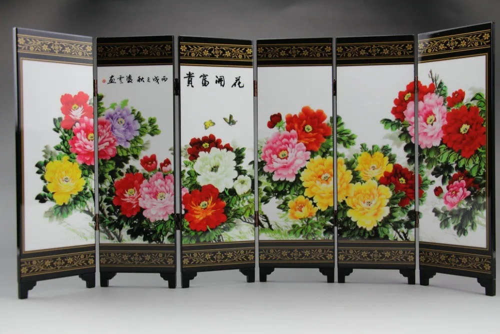 

Chinese woodcarving screen, lacquer peony flower calligraphy and painting, decorative crafts