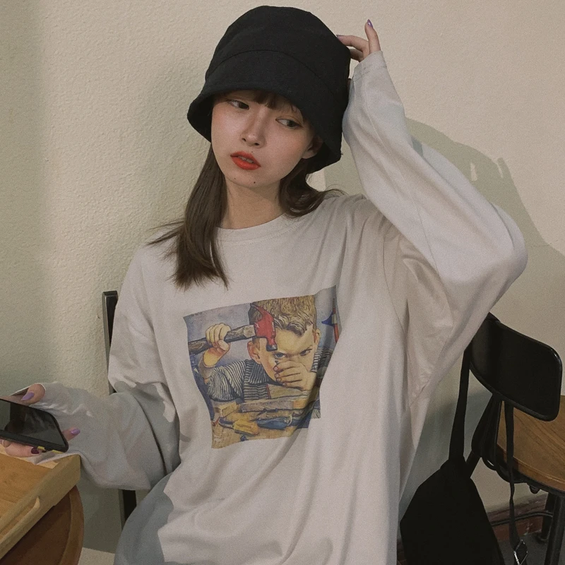Летняя женская обувь в Корейском стиле Harajuku Свободные Bf футболка Lazy женские