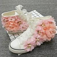 handmade new flower canvas shoes for women rhinestones pink lace flower students lady casual shoes white platform sneakers