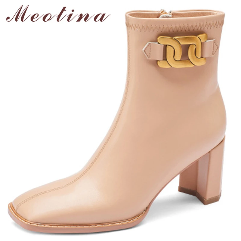 

Женские ботильоны из натуральной кожи Meotina, черные ботинки на толстом высоком каблуке, с металлическим украшением, на молнии, Осень-зима