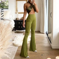 fantoye 2021 spring high waist flare stretch pants for women fashion green slim long trouser streetwear casual solid woman pants