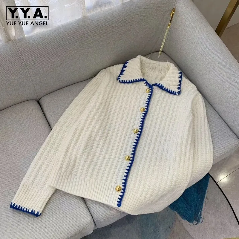 

2021 Autumn Mixed Color Vintage Lapel Knitting Sweaters Female Elegant Single Breasted Outerwear Street Office Lady Short Coat