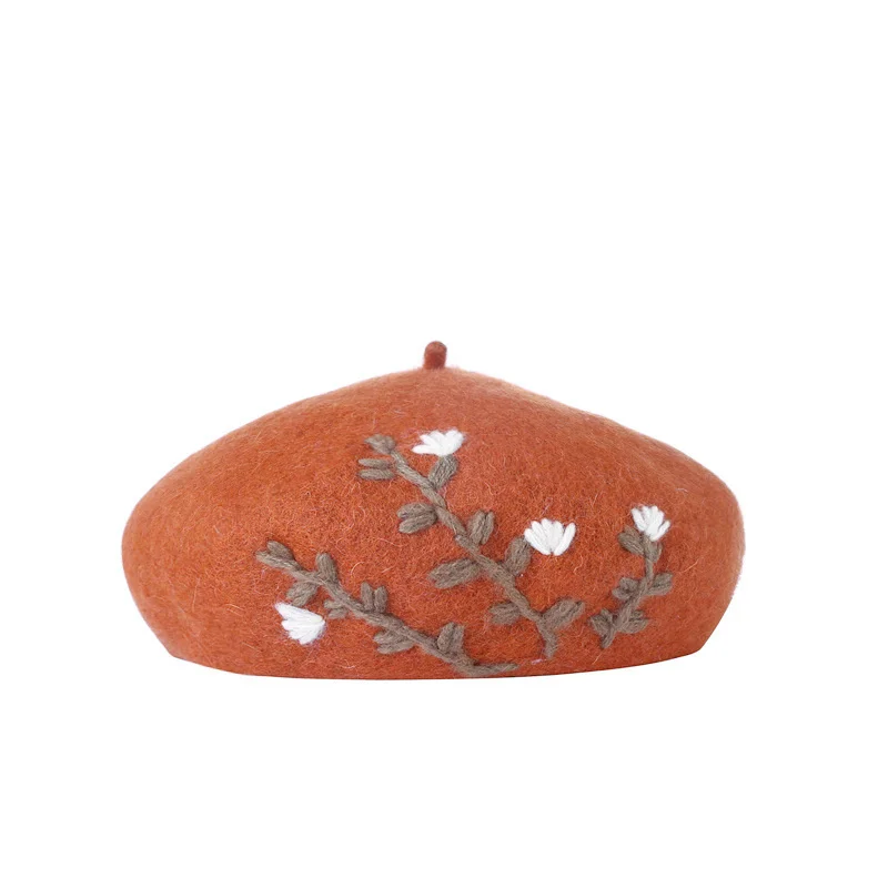 Embroidered Flower Wool Beret Korean Autumn Winter Hats For Women Ladies Painter Cap Vintage Bonnet Beanie Chapeau Femme | Аксессуары