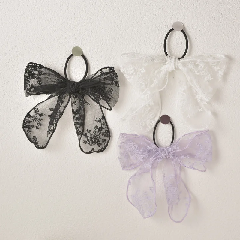 Кружевная черно белая большая резинка для волос с бантом эластичная вышивкой на