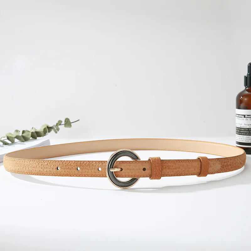 Ремень из свиной шкуры Женский тонкий пояс с классической круглой пряжкой