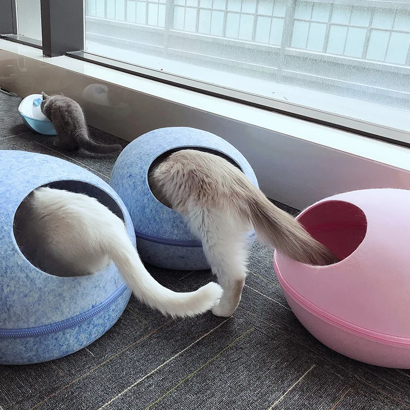 

Egg Shape Dog Cat Bed Cat Sleeping Bag All Around Cat Nest with Detachable Cushion Mat Zipper Felt Cloth Winter Warm Pet House