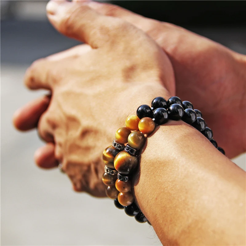 Мужской браслет с бусинами из натурального камня тигровый глаз|Плетеные
