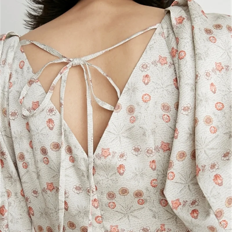 

New Elegant High Waist Bandage Dresses V-neck Puff Short Sleeve Print Dress for Women Summer Vintage Party Vestidos De Mujer
