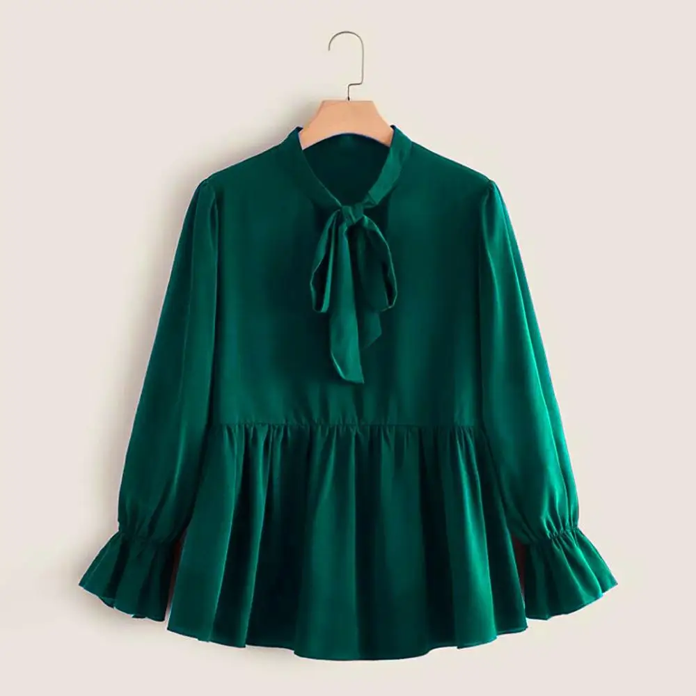 Женская однотонная блузка с длинным рукавом фонариком и рюшами|Блузки| |