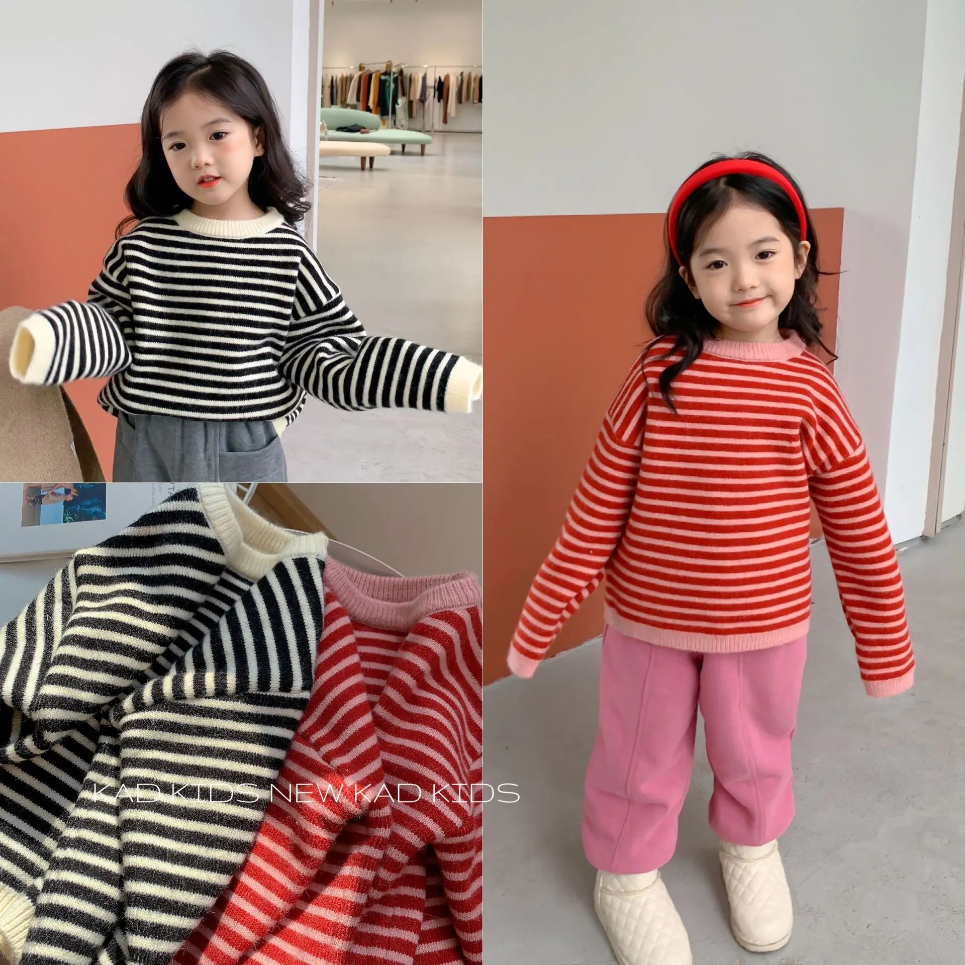 

Winter New Children Clothes Striped Thick Sweater Baby Girls Round Color Top