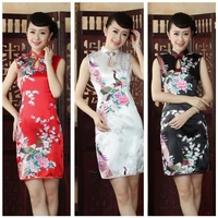 women chinese sleeveless peacock print side slitting hem cheongsam mini dress