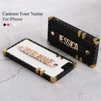 leather trunk case holding strap gold metal custom name text clear phone case for iphone 12 11 pro 6s x xs max xr 7plus 8 8plus