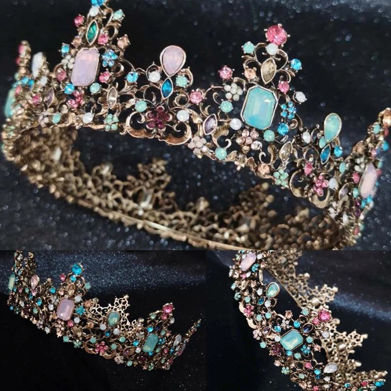 

Vintage Baroque Wedding Round Tiara Crown Colorful Crystal Rhinestone Jewelry Princess Bridal Prom Hair Accessories