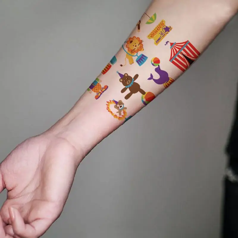 

8 листов мультфильм животных цирк наклейки для временных татуировок дети милые красочные металлические Временные татуировки, искусство дл...