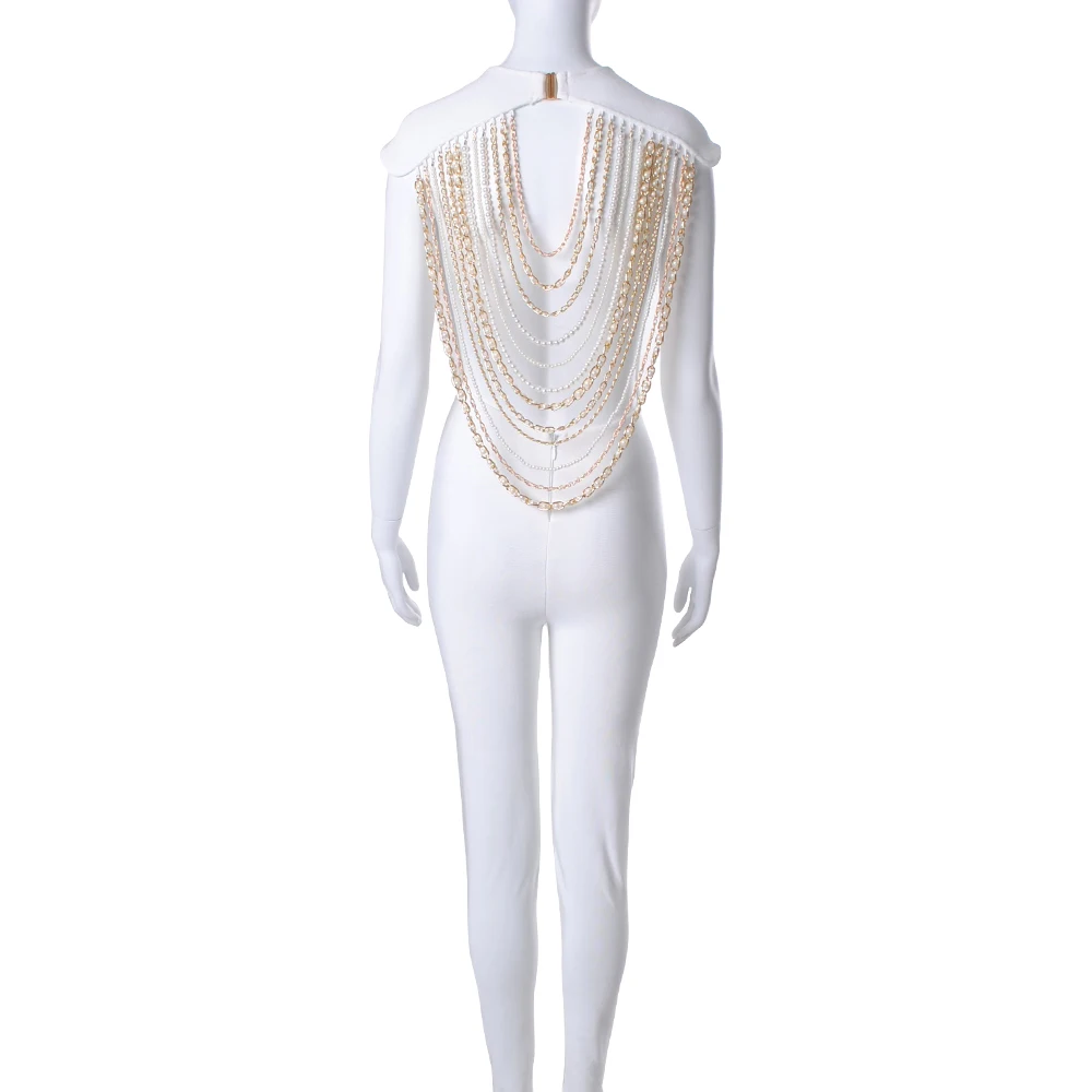 

New Style Sexy Women Clothing Jumpsuit Elegant Beads Sexy Backless Sleeveless Chain Celebrity Night Club Party Jumpsuits Rompers