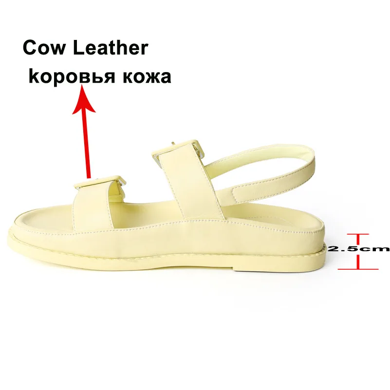 

comemore Women Shoes Buckle Genuine Leather Flat Sandals Round Toe Flat Platform Shoes Ladies Summer Causal Sandals White Yellow